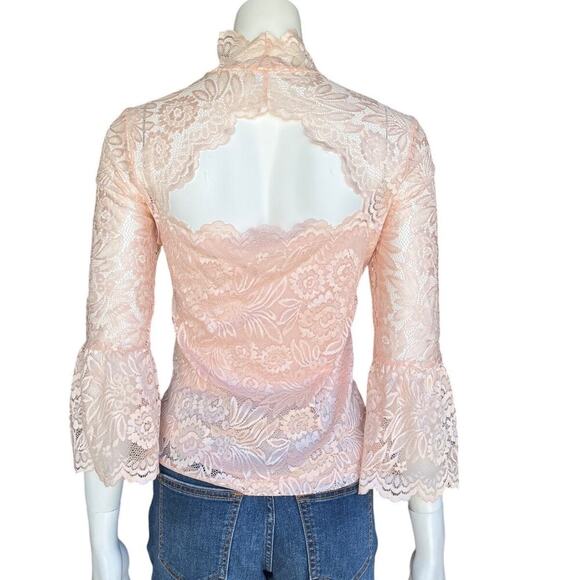 VENUS Blush Lace High Neck Bell Sleeve Sheer Top Small - Picture 4 of 9
